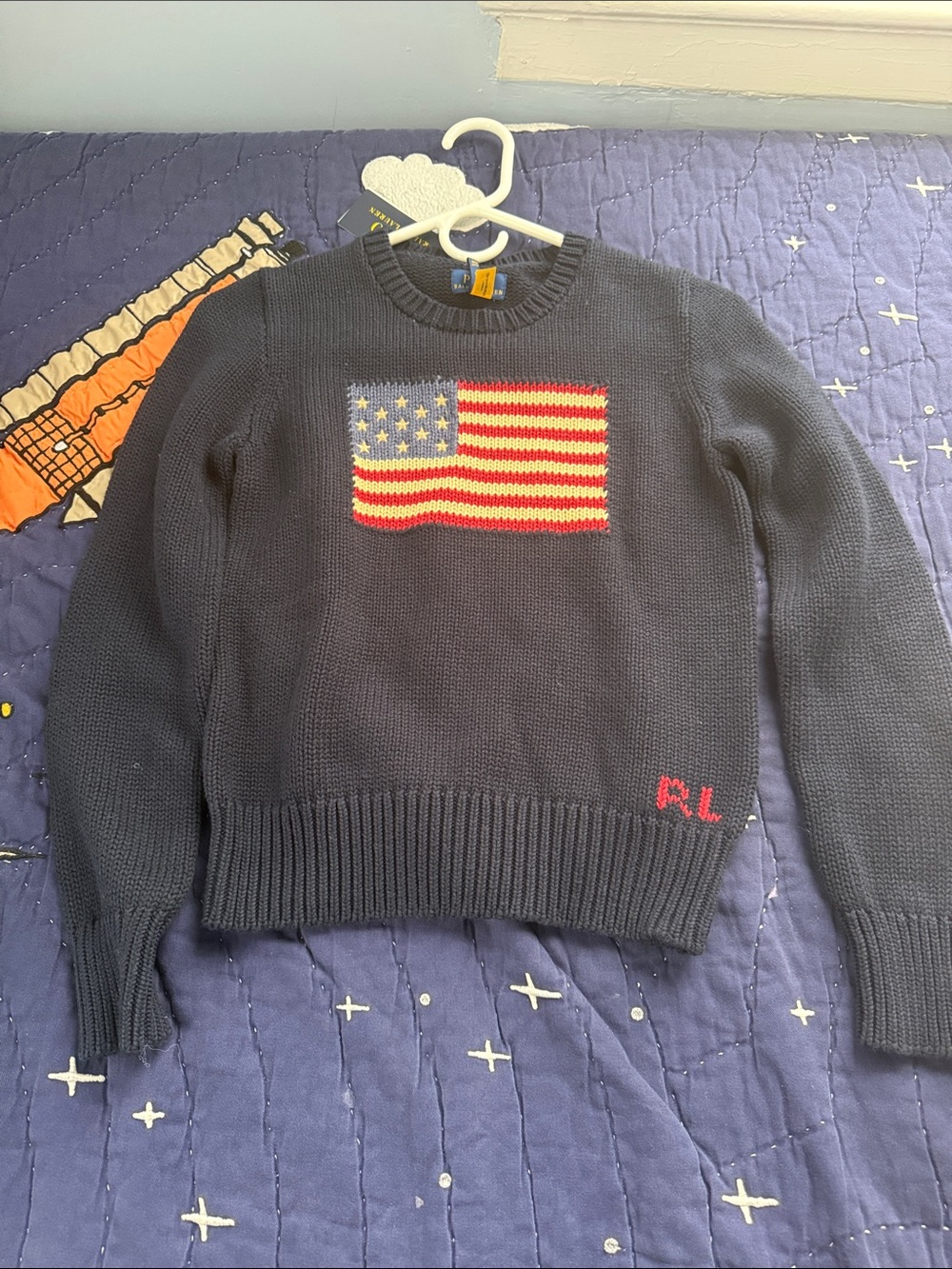 Ralph Lauren Navy Sweater with Red & Yellow Flag Motif